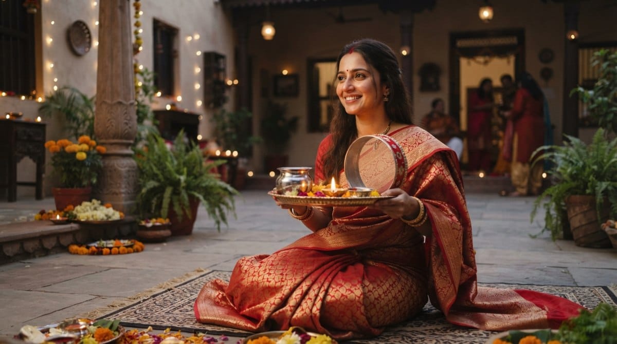 Woman in a red Banarasi saree holding a decorated puja thali with diya and sieve at dusk