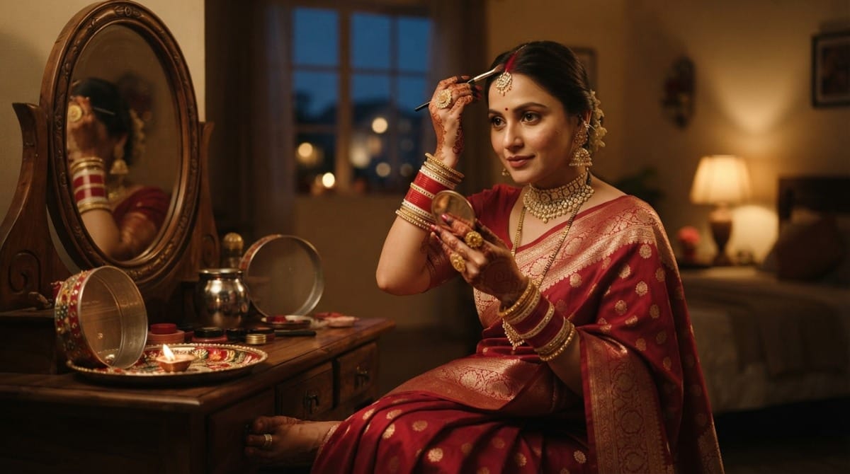 Indian woman dressed in full solah shringar with jewellery, sitting for Karwa Chauth puja preparation
