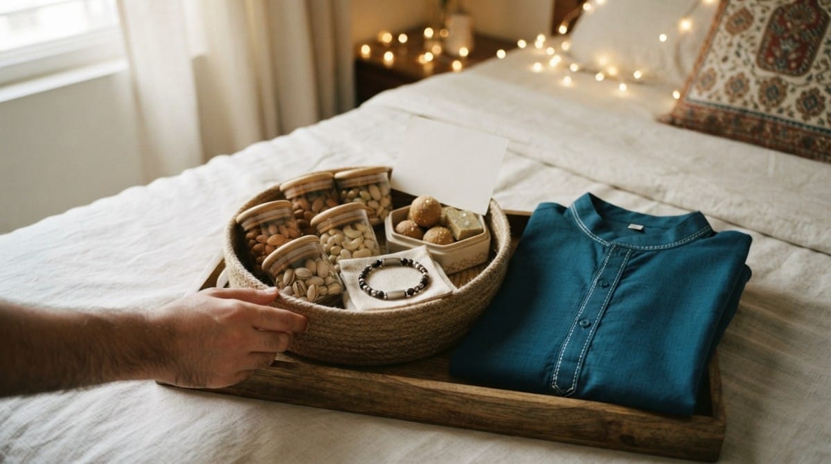 Gift hamper with dry fruits, sweets and a folded kurta