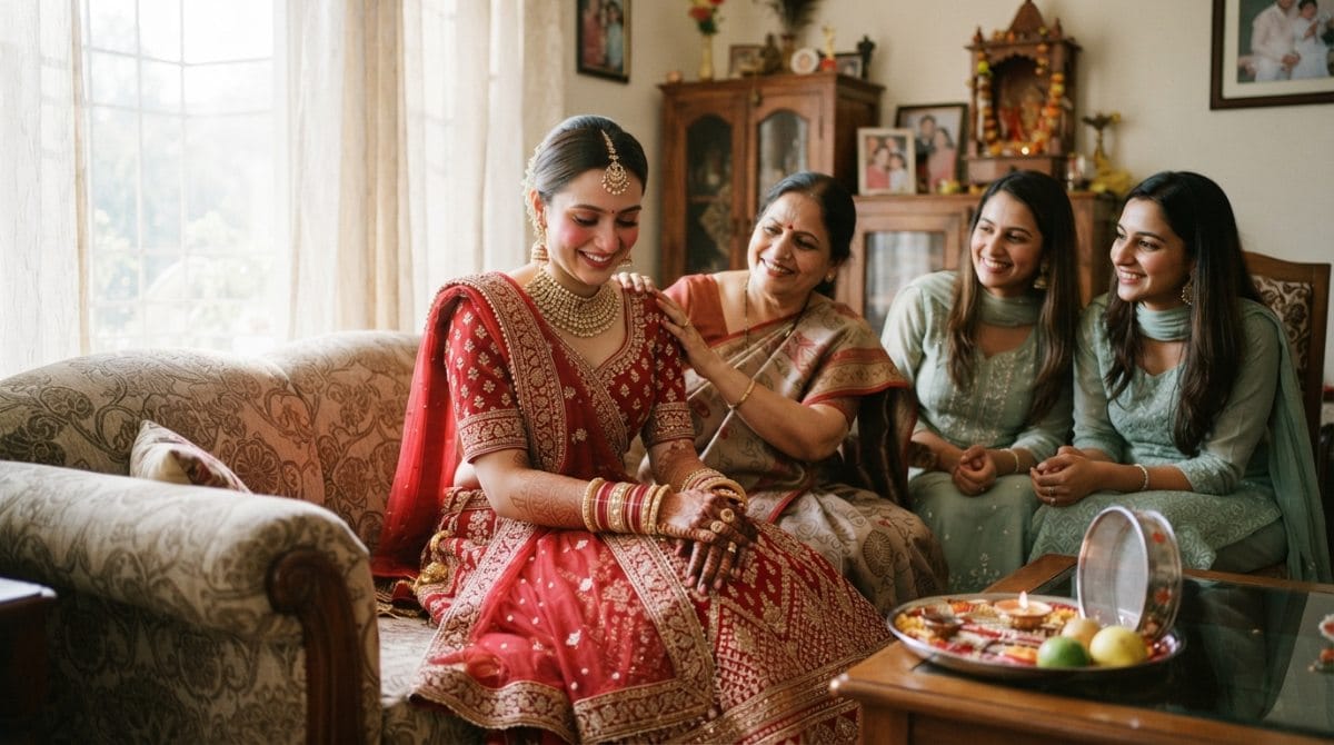 How to make her first Karwa Chauth special: new bride in red bridal wear with mehendi meets her husband's family