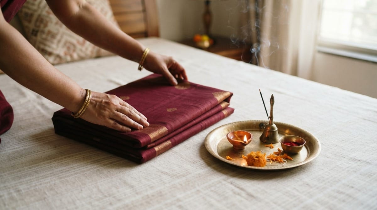 Folded saree and brass puja thali set as a non-jewellery baya gift