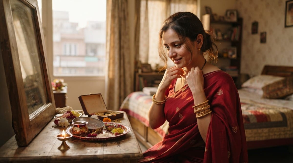 Karwa Chauth Jewellery Guide 2026: woman dressing in solah shringar before the evening puja