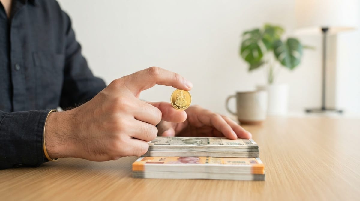 Hands holding a gold coin above stacked rupee notes on a clean desk