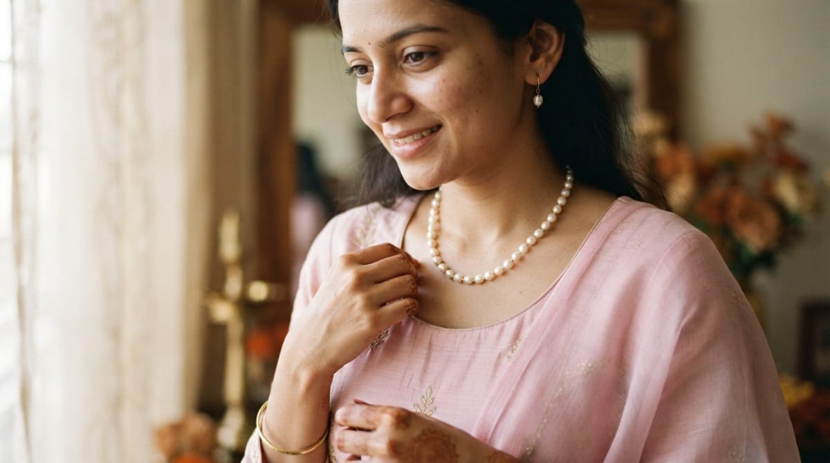 Pearl necklace and earrings worn with a powder-pink outfit for Karwa Chauth
