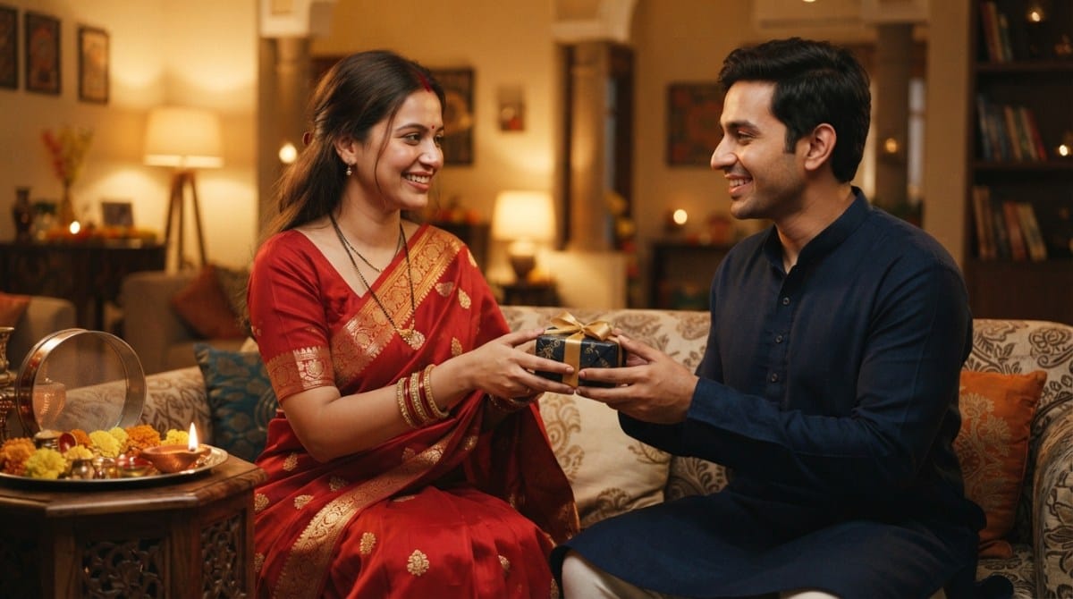 Indian wife giving her husband a wrapped gift on Karwa Chauth evening