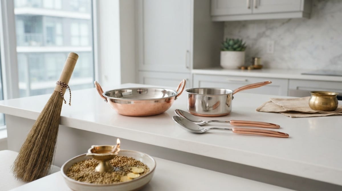 New steel and copper utensils, a broom, coriander seeds and a diya on a kitchen counter