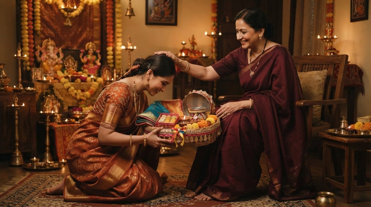 Daughter-in-law presenting a baya basket to her mother-in-law after Karwa Chauth puja