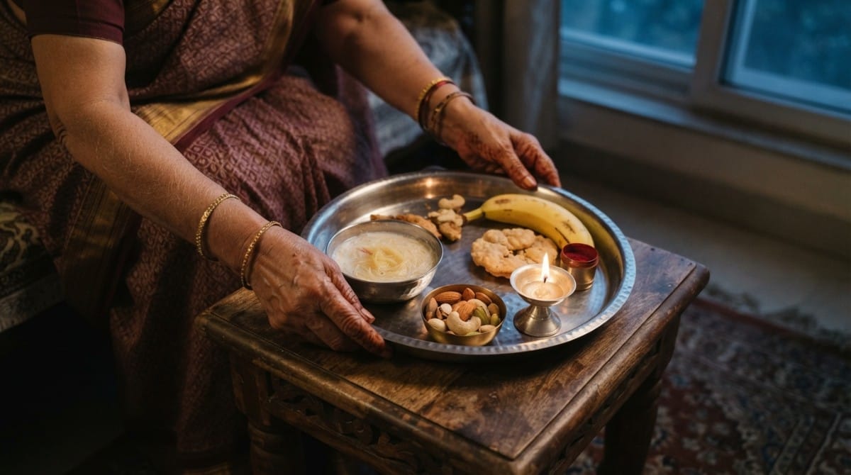 Traditional sargi thali with dry fruits and pheni prepared before sunrise on Karwa Chauth