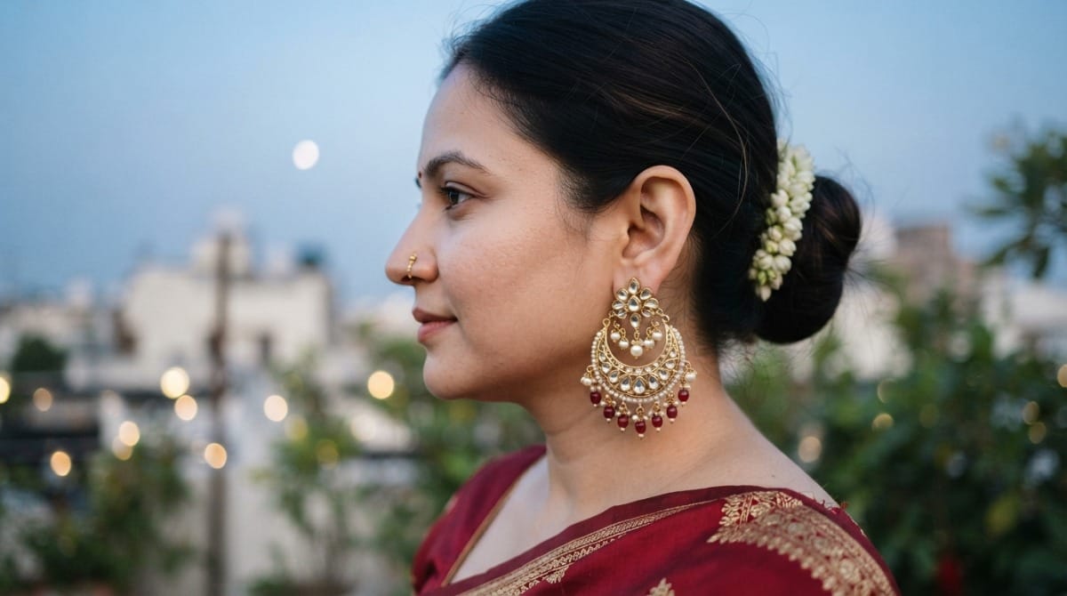 Close-up of a gold chandbali earring with a half-moon design worn for Karwa Chauth