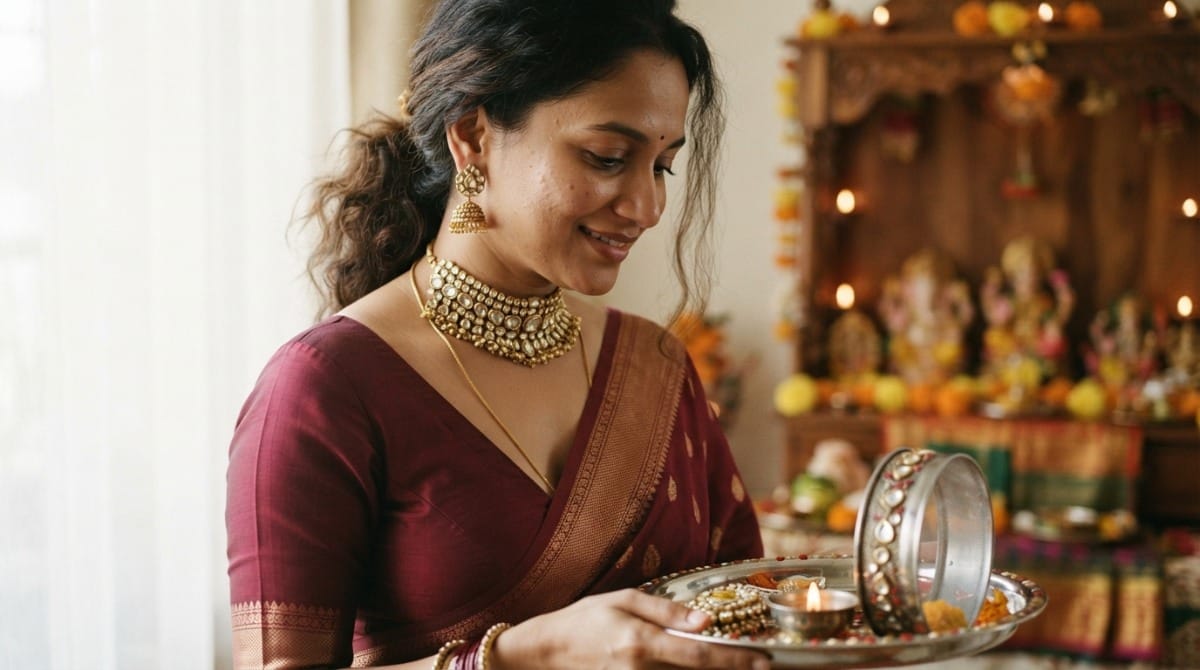 What jewellery to wear on Karwa Chauth 2026 with a red saree, choker and jhumka earrings