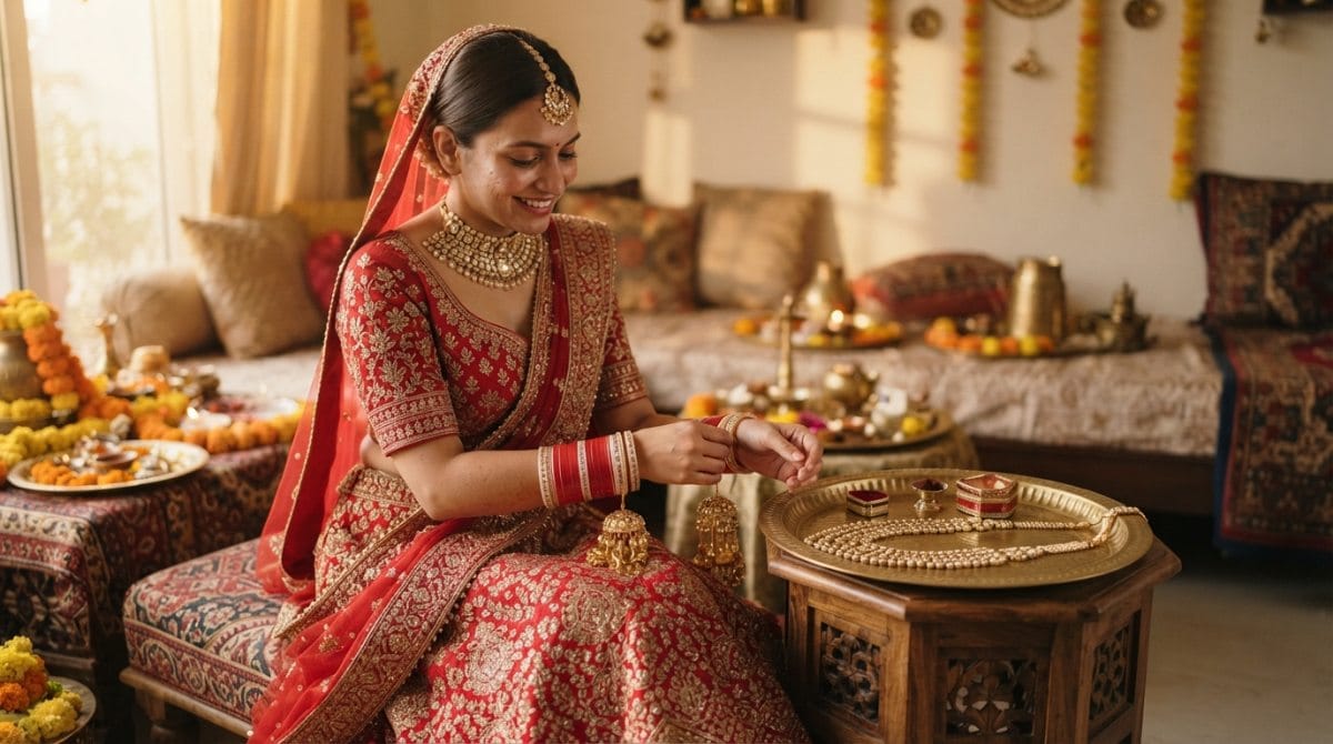 Bride re-wearing a short bridal necklace and chooda with her red lehenga for Karwa Chauth