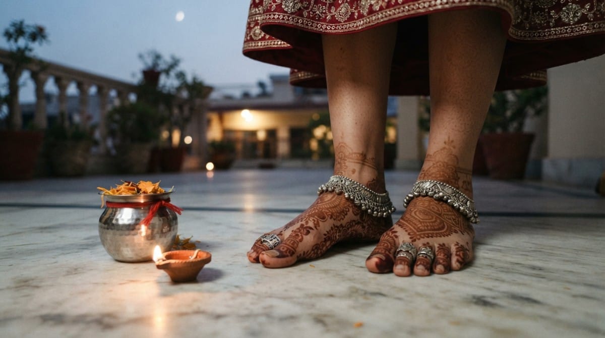 Feet with mehendi wearing silver payal and toe rings beside a silver karwa pot