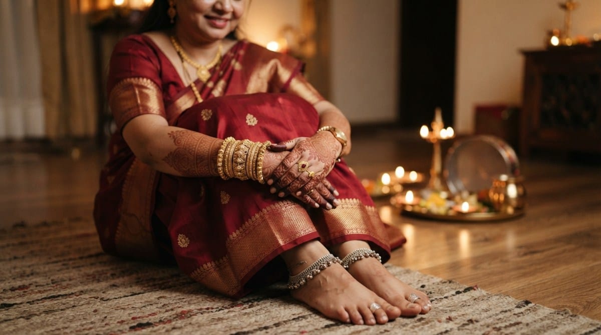 Gold or silver jewellery for Karwa Chauth shown together on hands and feet