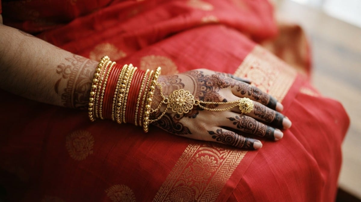 Stacked bangles, a gold kada and a haathphool worn over fresh mehendi