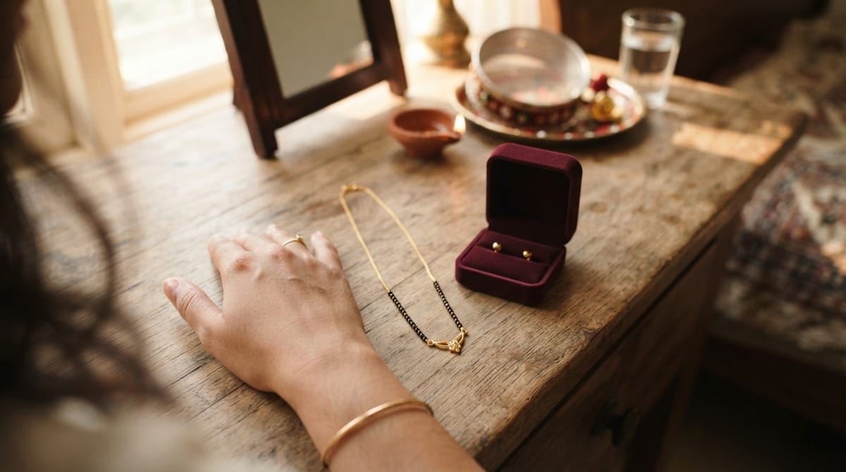 Small gold stud earrings and a short mangalsutra placed on a wooden dressing table