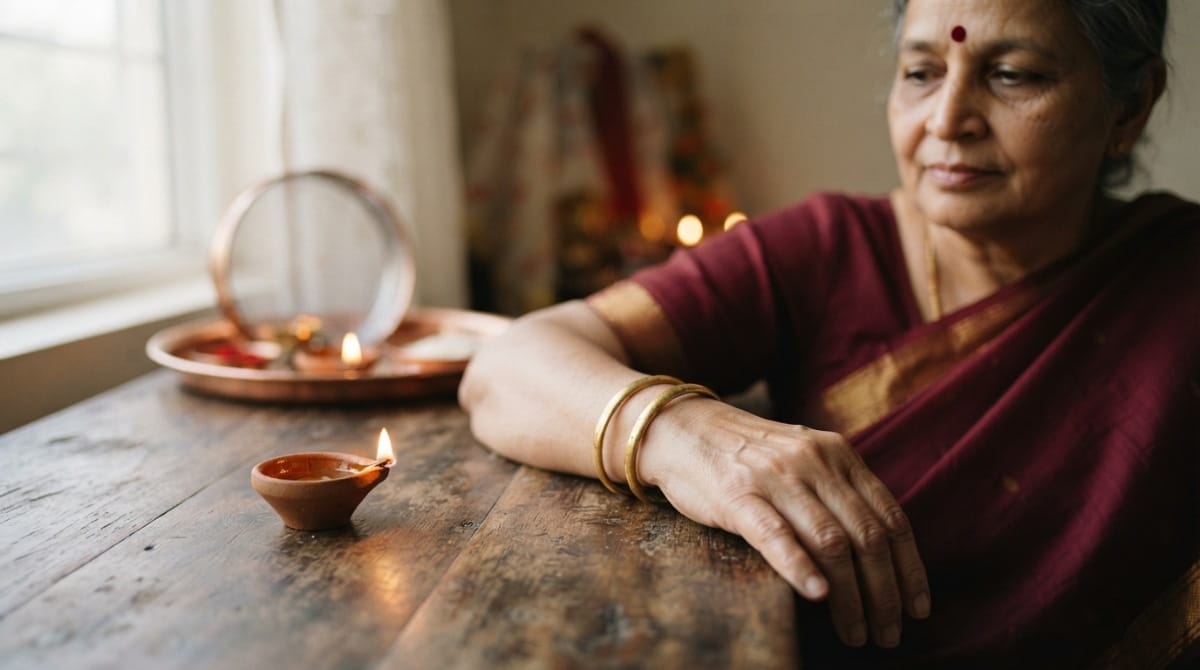 Close-up of light gold bangles worn on a mother-in-law's wrist