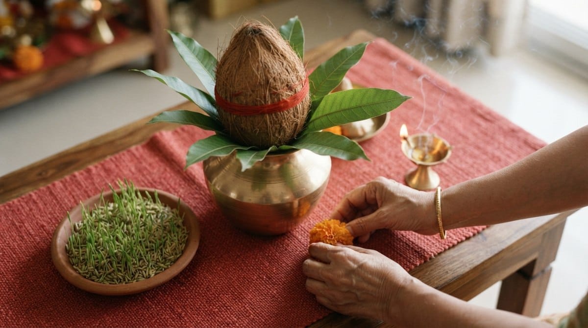 Kalash with mango leaves, coconut and lit diya set up for Navratri puja at home