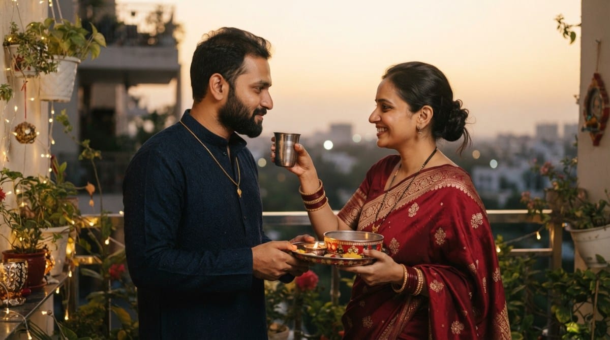 Husband and wife breaking the Karwa Chauth fast together at moonrise
