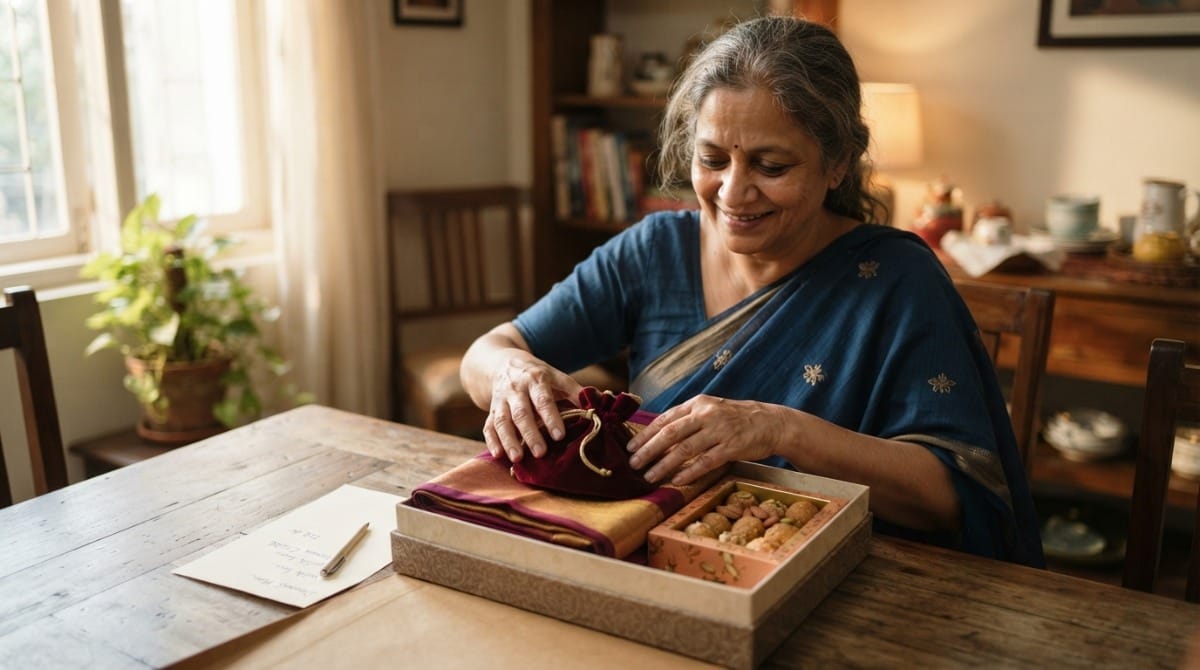Mother packing a baya gift parcel with sweets, saree and jewellery pouch