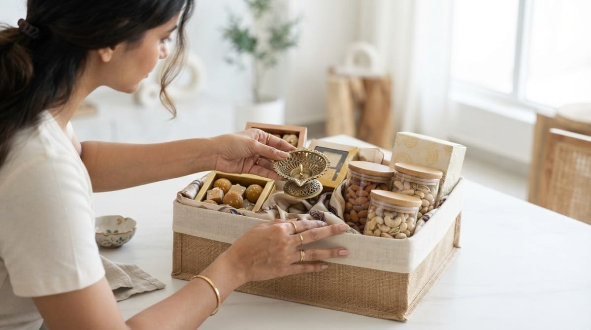 A gift hamper with sweets and dry fruits being arranged for Diwali