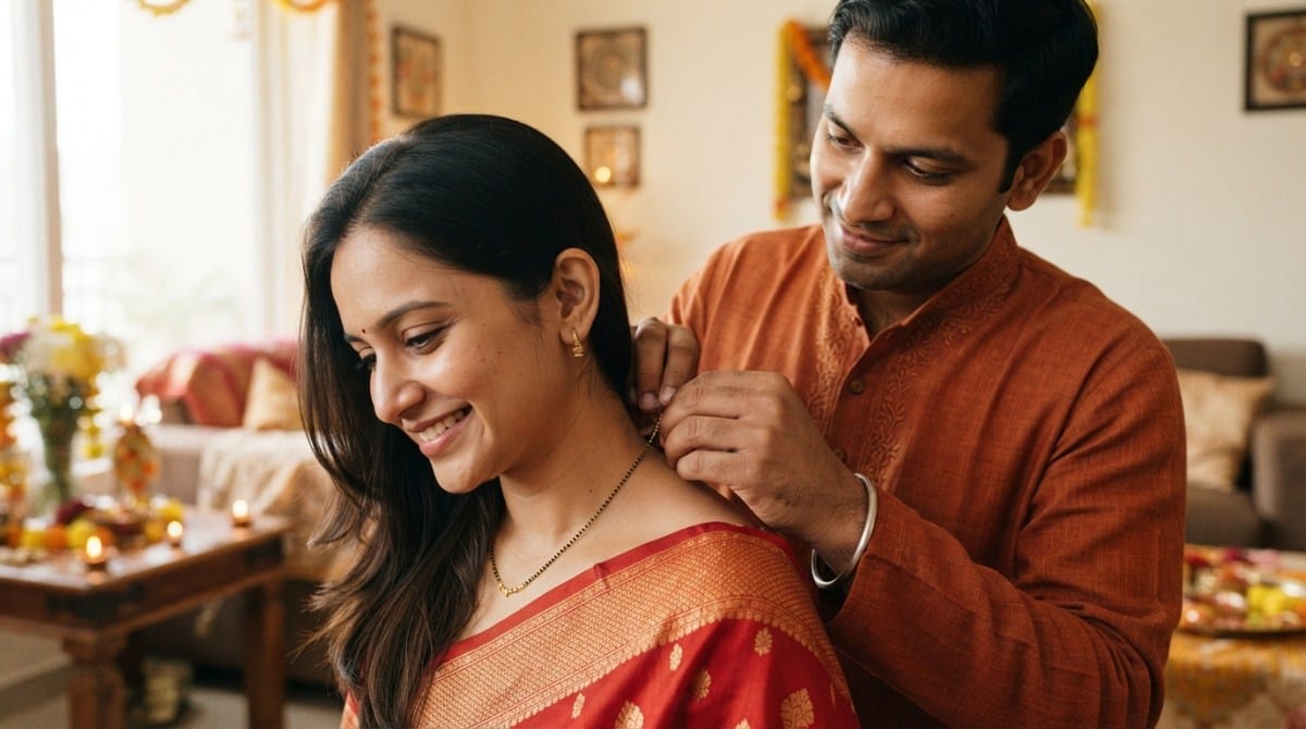 Is a mangalsutra a good Karwa Chauth gift? Light gold design worn daily by a wife