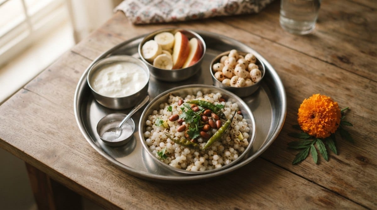 Navratri fasting thali with sabudana khichdi, fruit, curd and rock salt