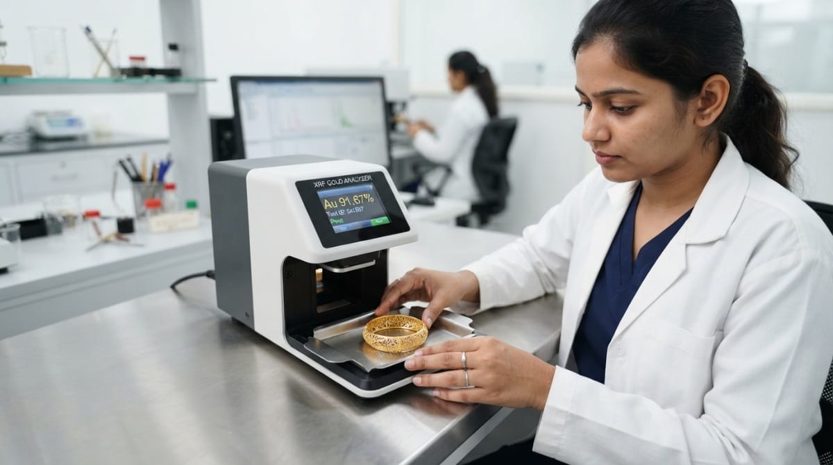 Lab technician testing a gold bangle's purity with an XRF machine at a hallmarking centre