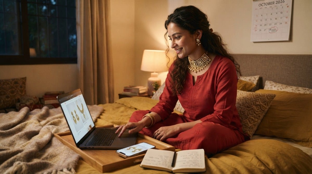 Woman browsing jewellery online on a laptop ahead of Karwa Chauth