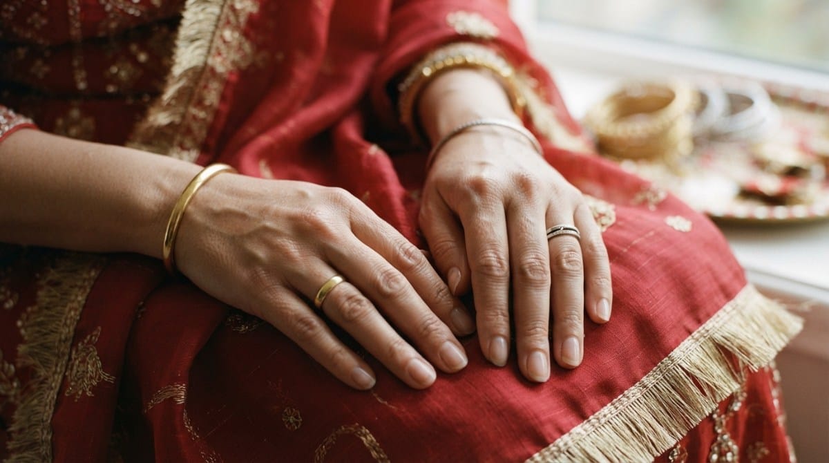 Hands wearing a gold ring and bangle alongside thin silver stacking rings