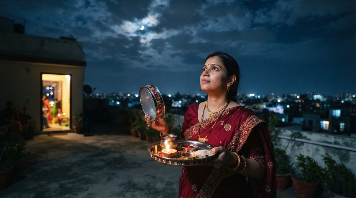 Woman searching for the moon in a cloudy night sky on Karwa Chauth 2026