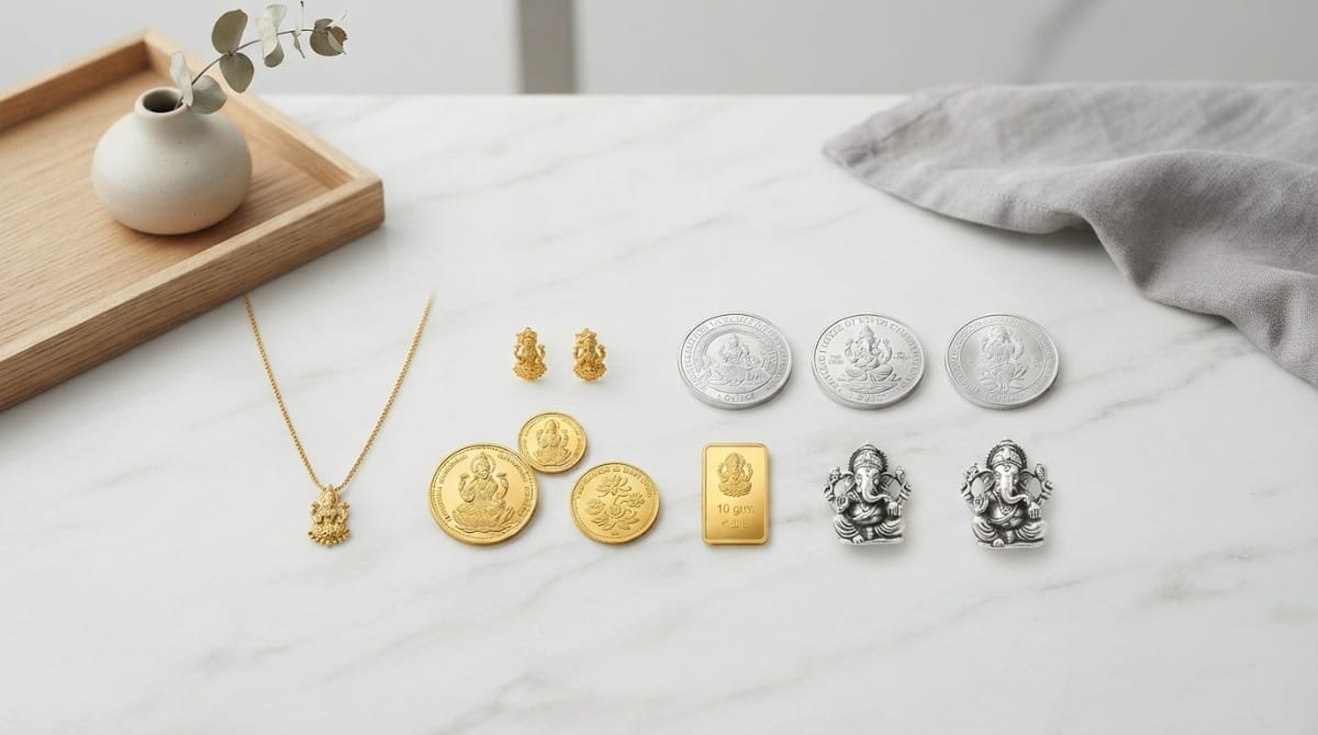 Gold jewellery and silver coins arranged together, Dhanteras 2022 to 2026 five years of gold and silver price movements