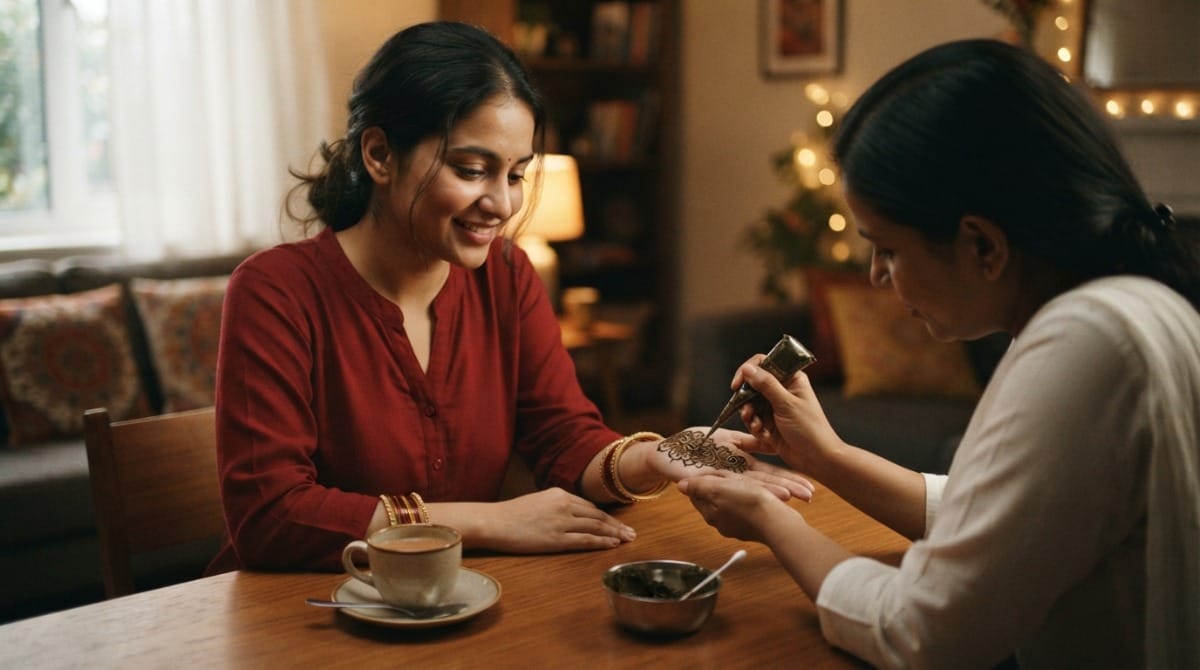 Mehendi artist applying henna on a bride's hand before her first Karwa Chauth