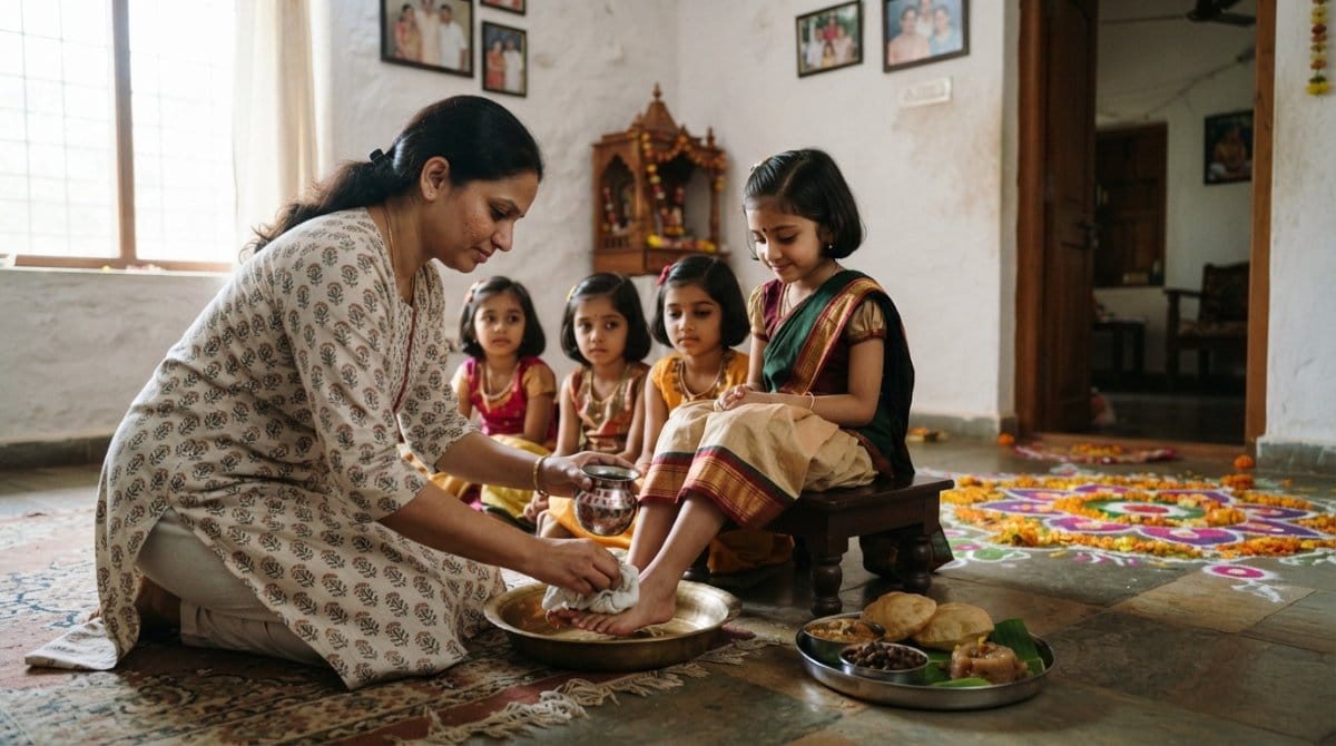 Woman performing kanya pujan by washing a young girl's feet during Navratri