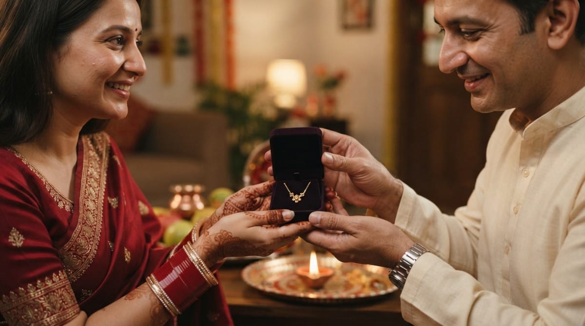 Husband gifting his wife a pendant necklace in a jewellery box on Karwa Chauth