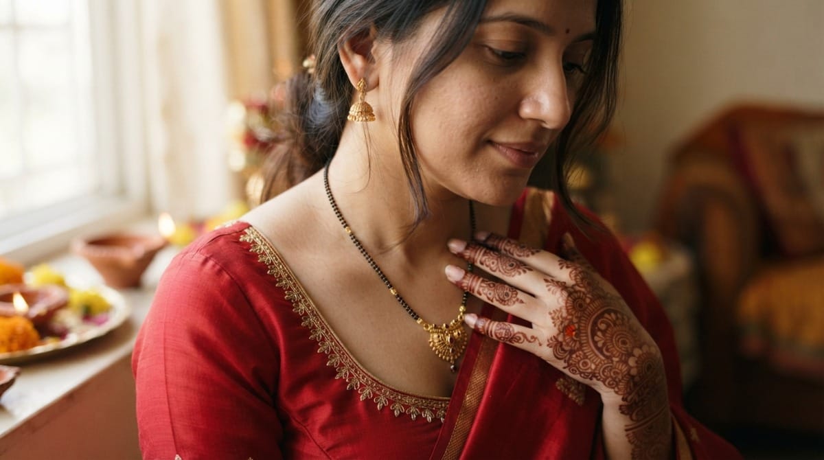 Close-up of a gold and black bead mangalsutra worn around a married woman's neck