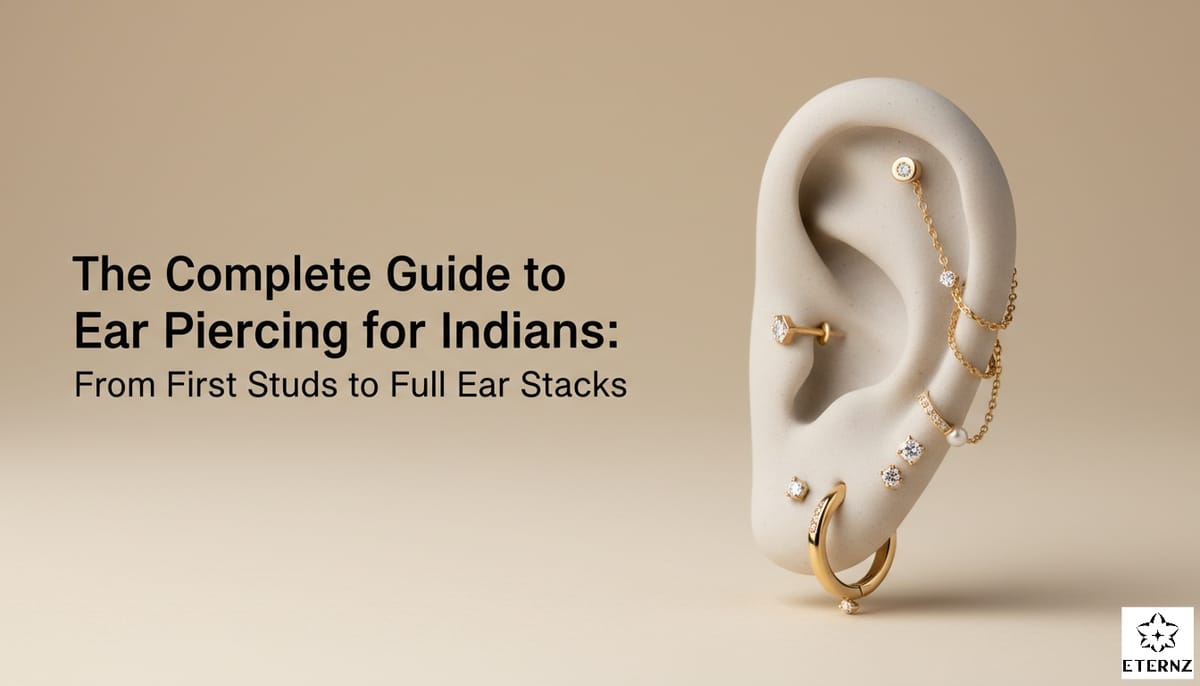 Blog cover for 'The Complete 2026 Guide to Ear Piercing for Indians: From First Studs to Full Ear Stacks' by Eternz.