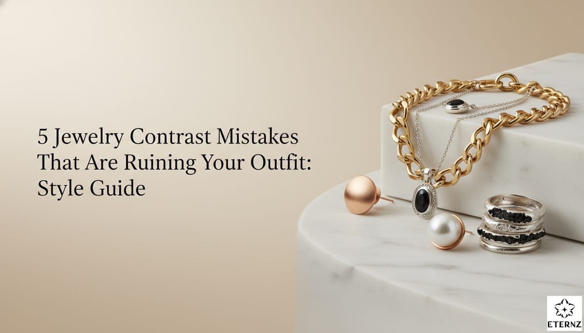 Blog cover for '5 Jewelry Contrast Mistakes That Are Ruining Your Outfit: Style Guide' by Eternz.