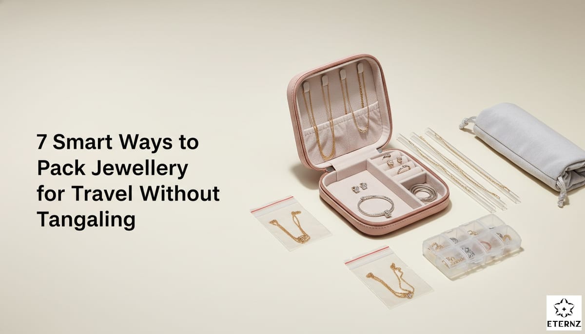 Blog cover for '7 Smart Ways to Pack Jewellery for Travel Without Tangling' by Eternz