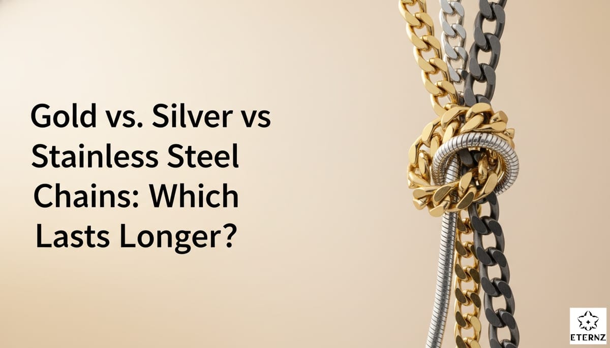 Blog cover for the 'Gold vs Silver vs Stainless Steel Chains: Which Lasts Longer?' by Eternz.