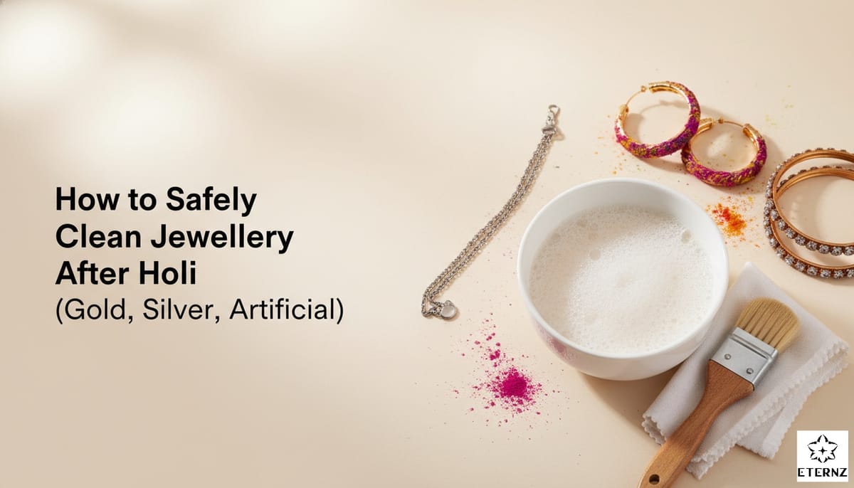 Blog cover for 'How to Clean Jewellery After Holi Safely' by Eternz.