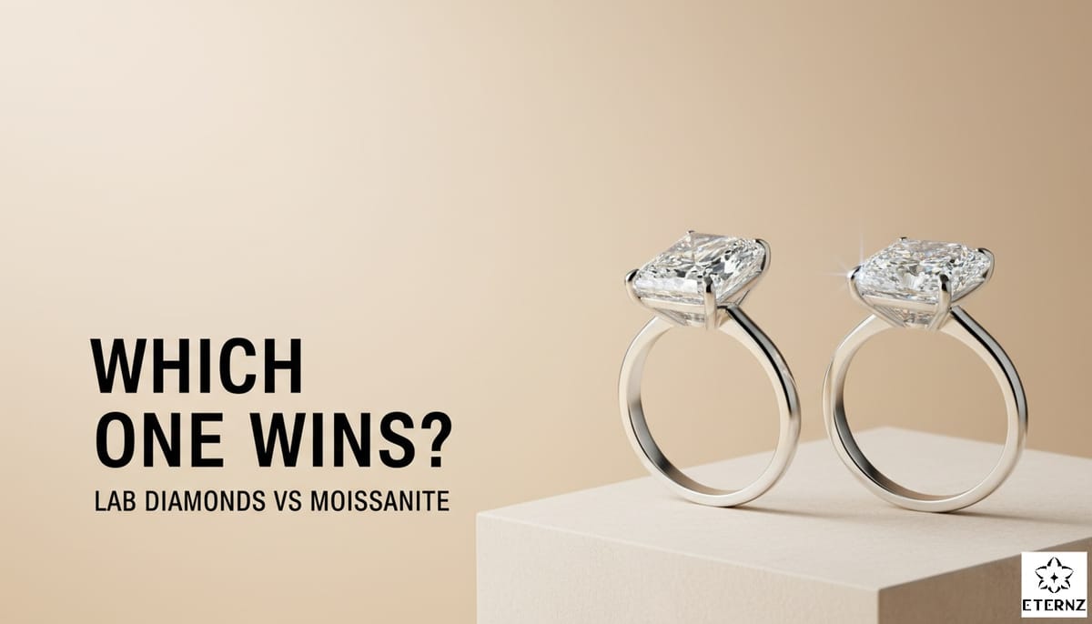 Blog cover for the 'Lab Diamonds vs Moissanite: 5 Key Differences' by Eternz.