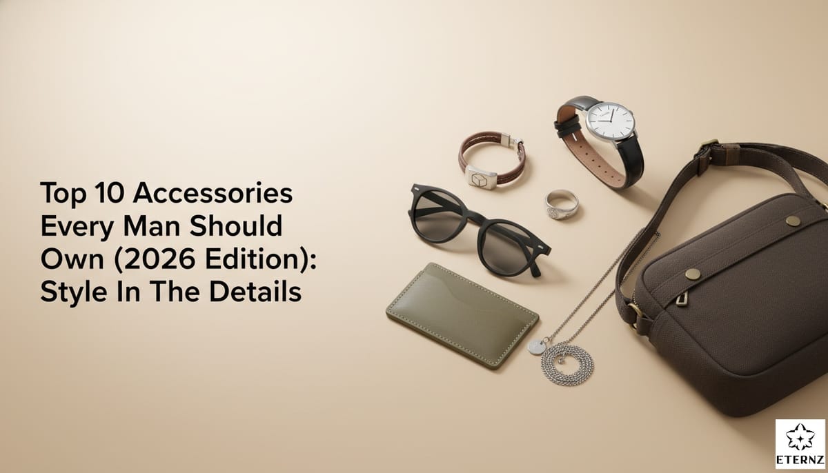 Blog cover for the 'Top 10 Accessories Every Man Should Own (2026 Edition)' by Eternz.