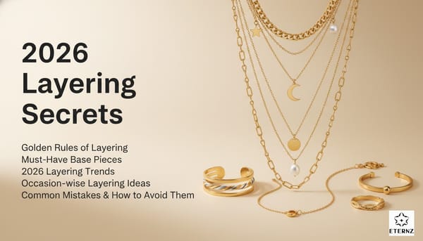 Jewelry layering guide from Eternz covering 2026 trends, golden rules, and how to style mixed metal rings and cuffs.