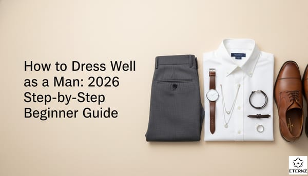 Blog cover for 'How to Dress Well as a Man: 2026 Step-by-Step Beginner Guide' by Eternz.